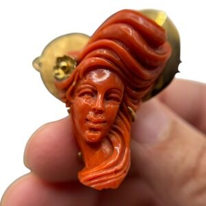 Vintage 18k Coral Hand Carved Woman Face Brooch Pin Gold Tone Art Nouveau Style